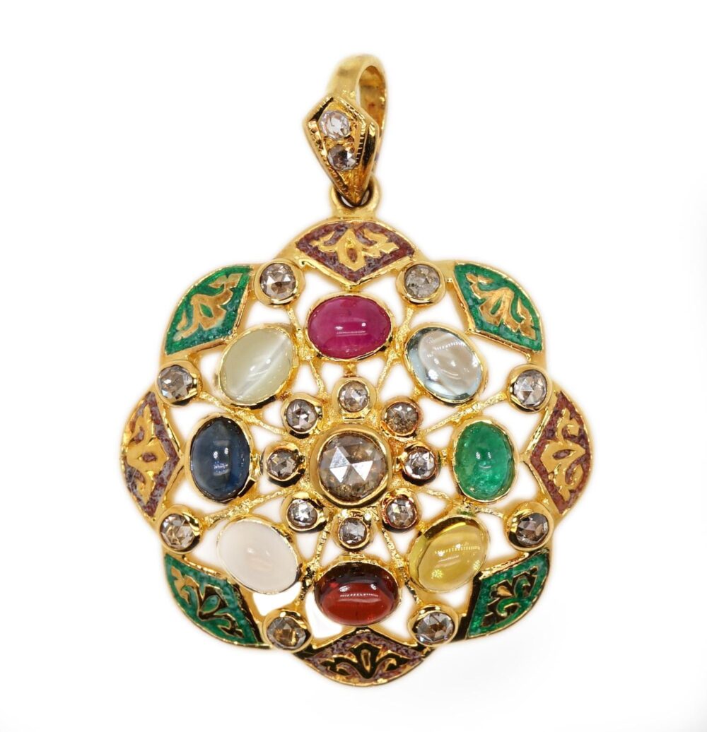 Navaratana 18ky gold pendant with diamonds and color stones