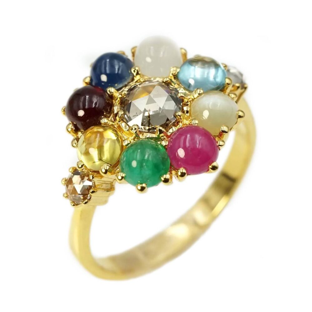 Rosecut Diamond with 8pcs Color Stones 18ky Gold Ring