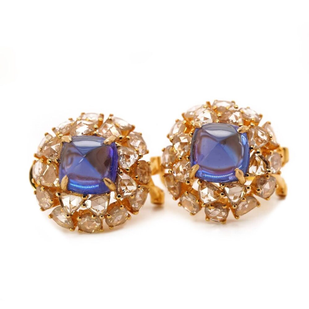 Tanzanite Pair with White Rosecut Mix Shapes Diamond 18ky Gold Earrings