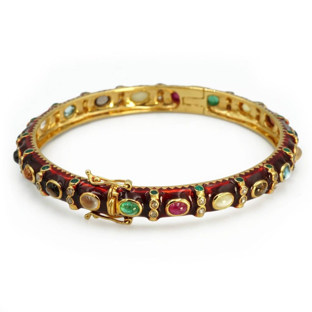 Navaratana yellow gold bracelet with diamonds and color stones