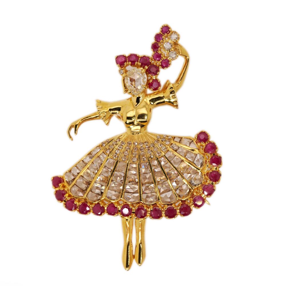 Dancing lady 18ky gold brooch with rose cut diamonds and ruby