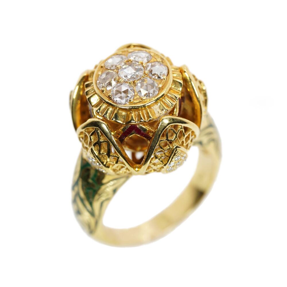 Lotus holding rose cut diamonds 18ky gold ring