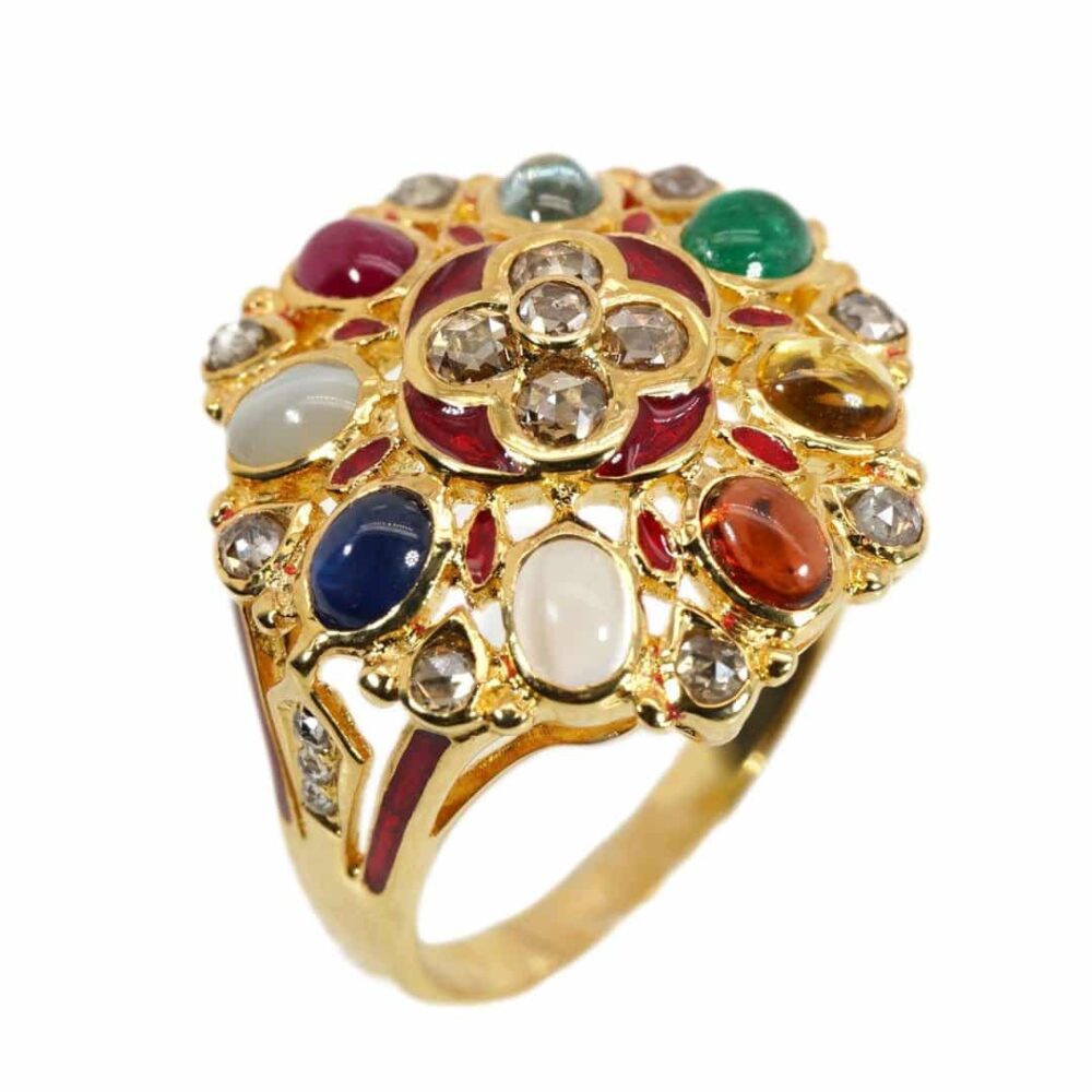 Navaratana 18ky gold ring with 8 color stones and diamonds