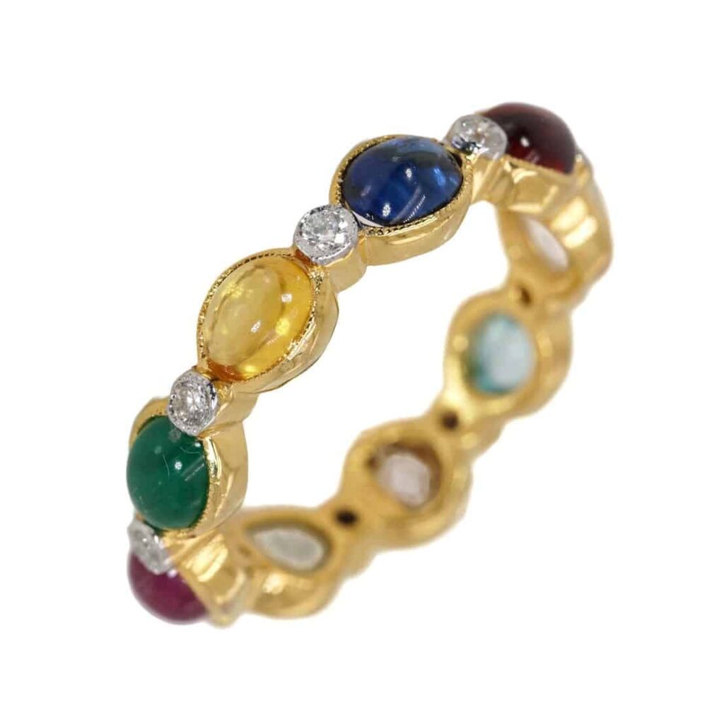 Navaratana 18ky gold ring with 8 color stones and diamonds