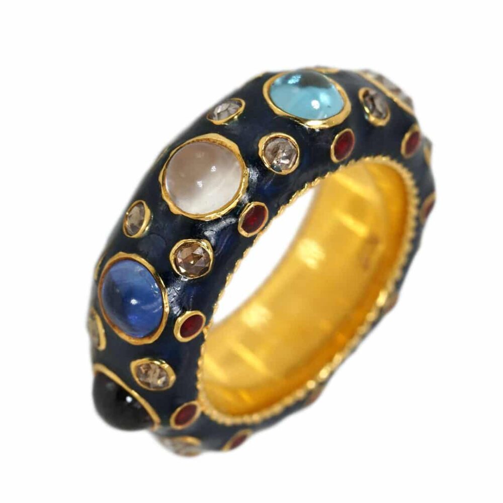 Navaratana 18ky gold ring with 8 color stones and diamonds