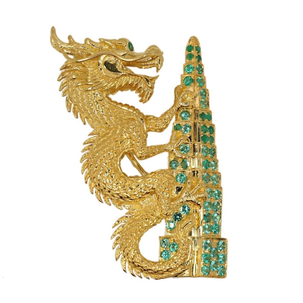 Dragon 18ky gold brooch with emerald stones