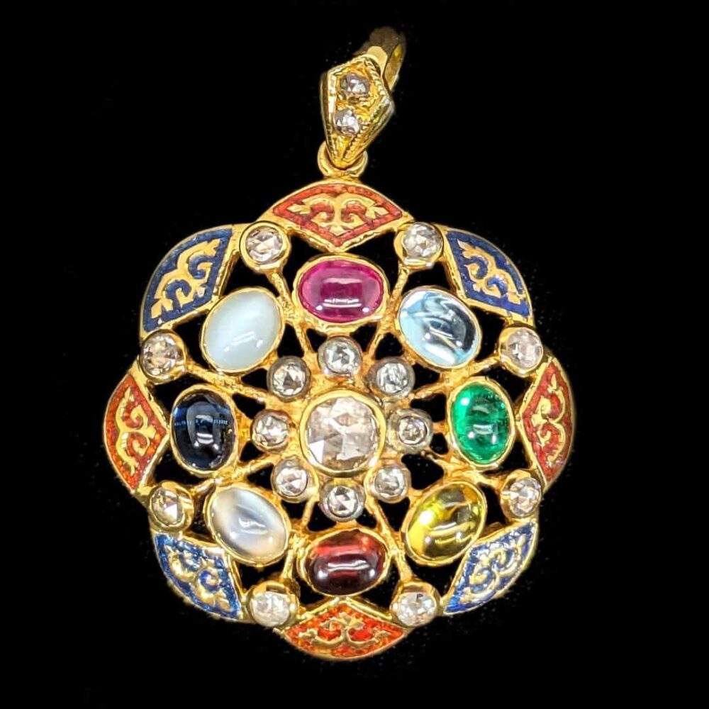 Navaratana 18ky gold pendant with diamonds and color stones