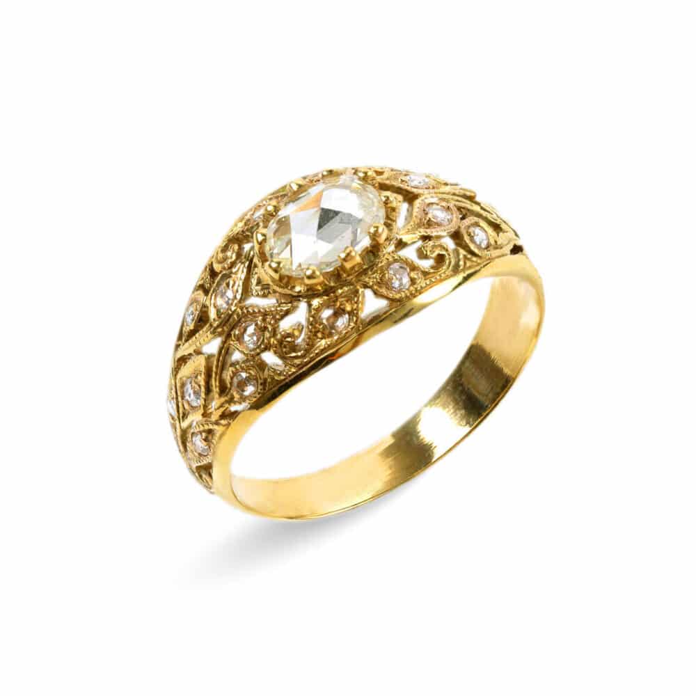 Rose cut diamond 20k yellow gold ring