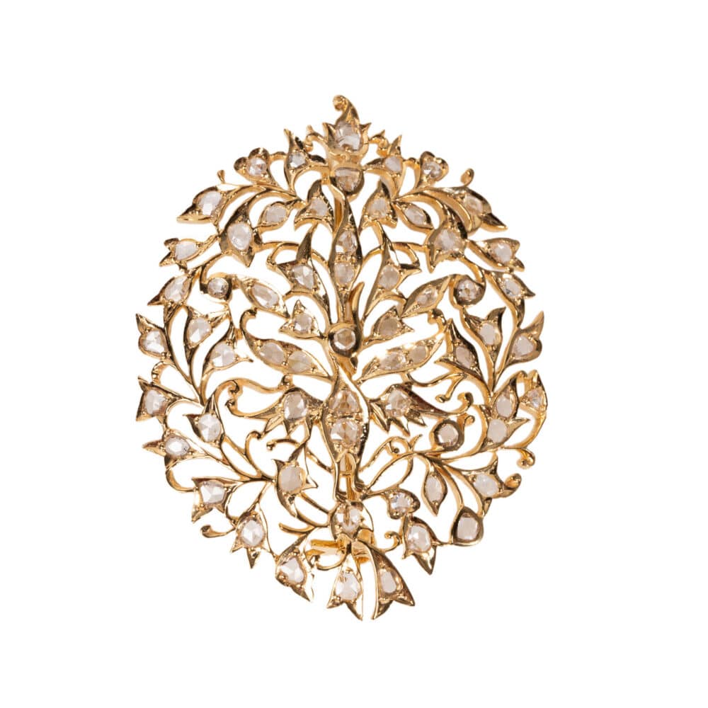 Peranakan 9ky gold brooch “Peacock” with rose cut diamonds