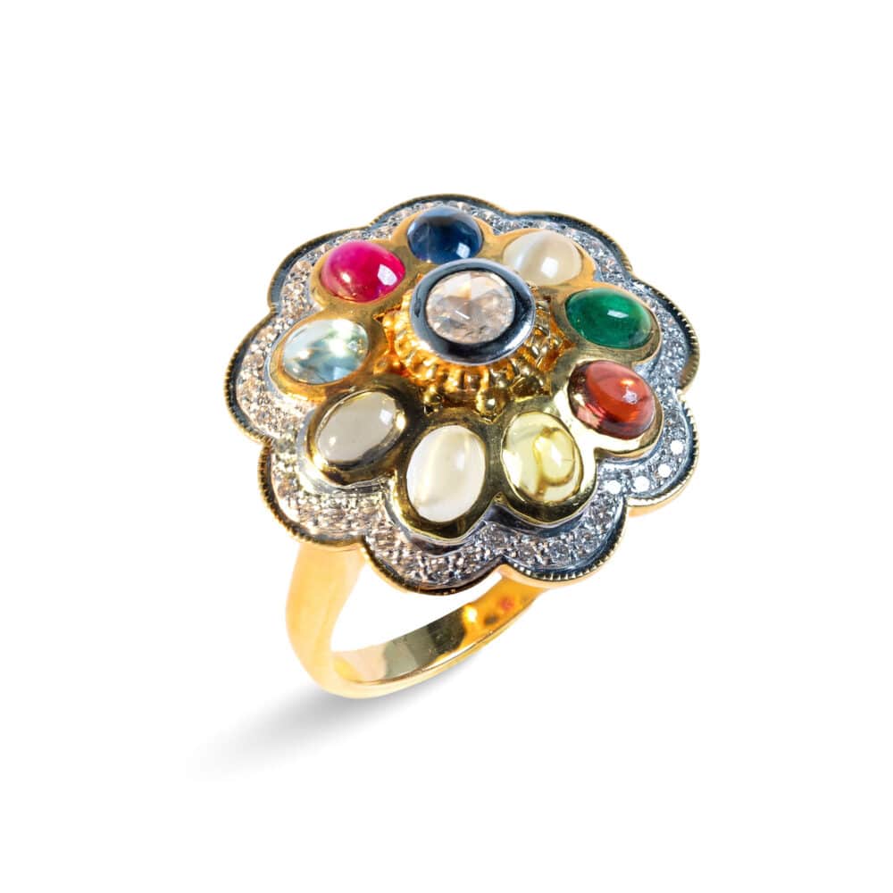 Rose cut diamonds & Color stones 18k yellow gold ring