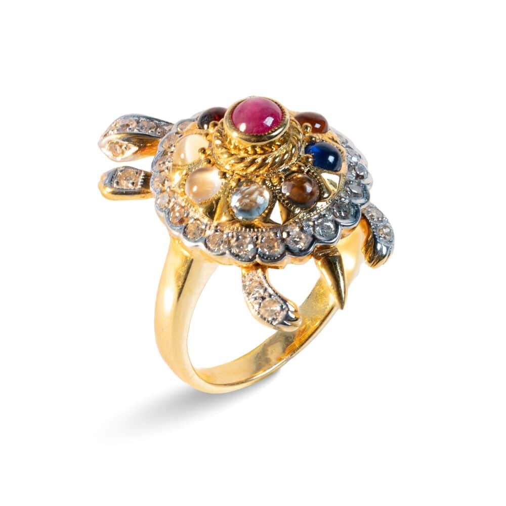 White diamonds & Color stones 18k yellow gold ring
