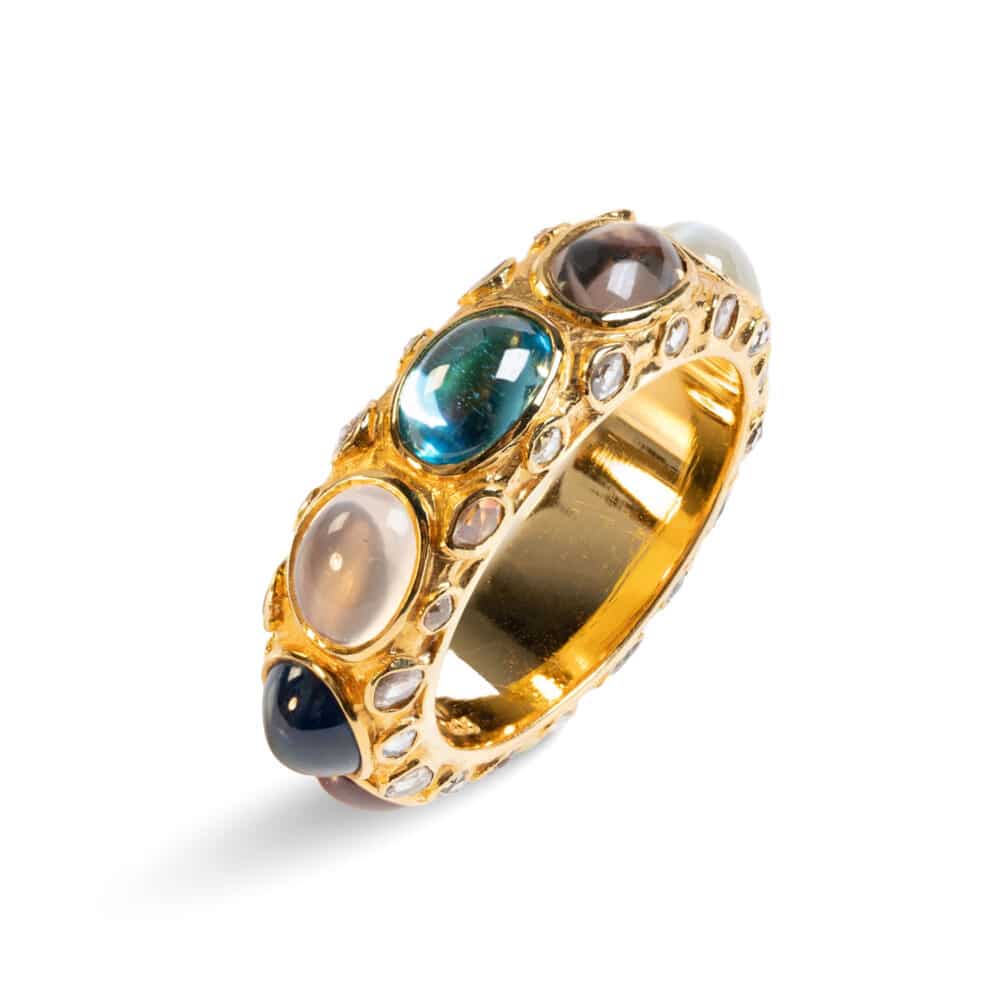 Rose cut diamonds & Color stones 18k yellow gold ring