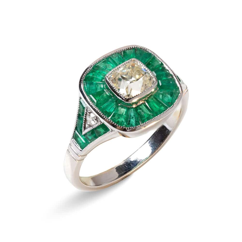 Old mine cut diamonds & White diamonds & Emerald Bagguette 18k palladium ring