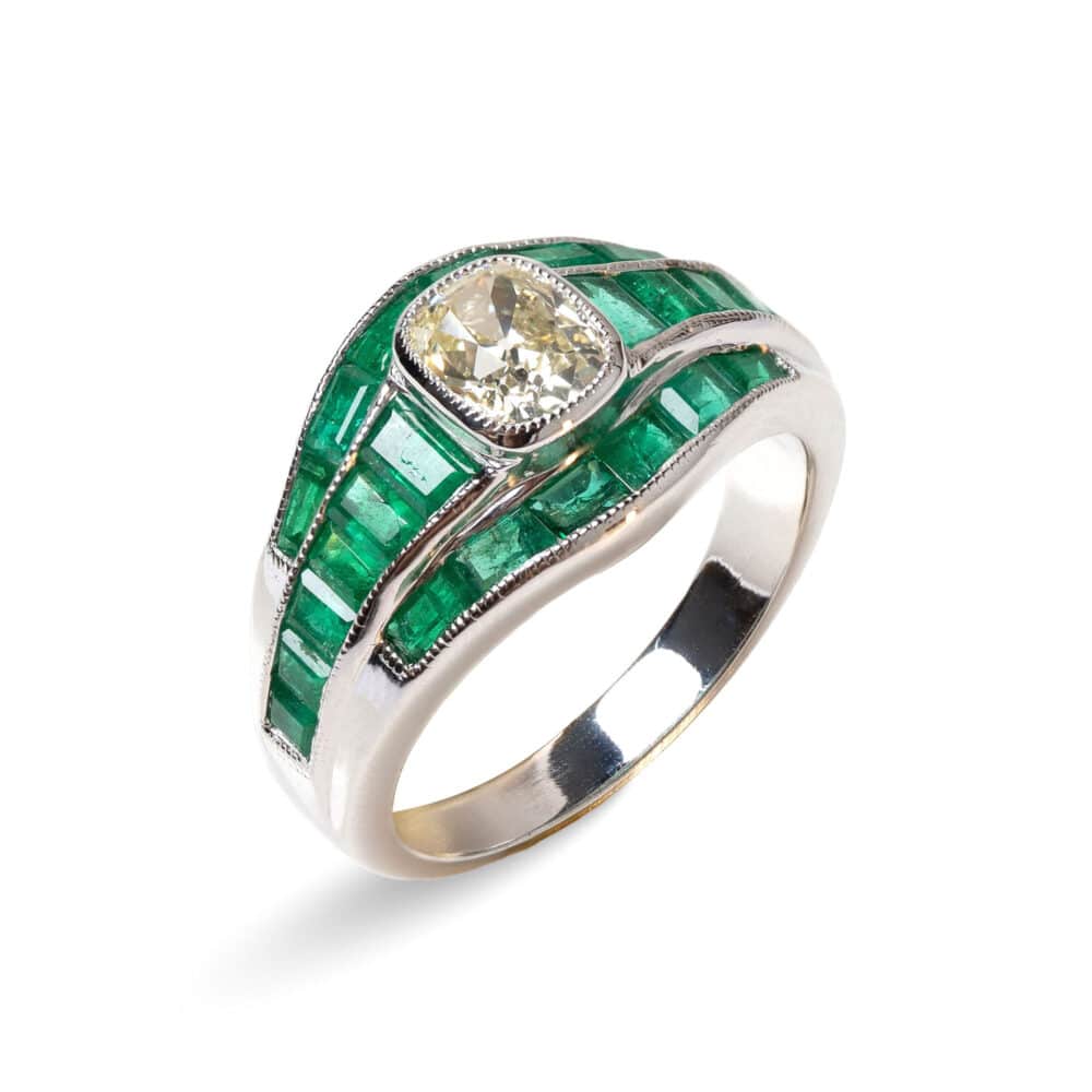 Old mind cut diamond & Emerald Bagguette 18k palladium ring