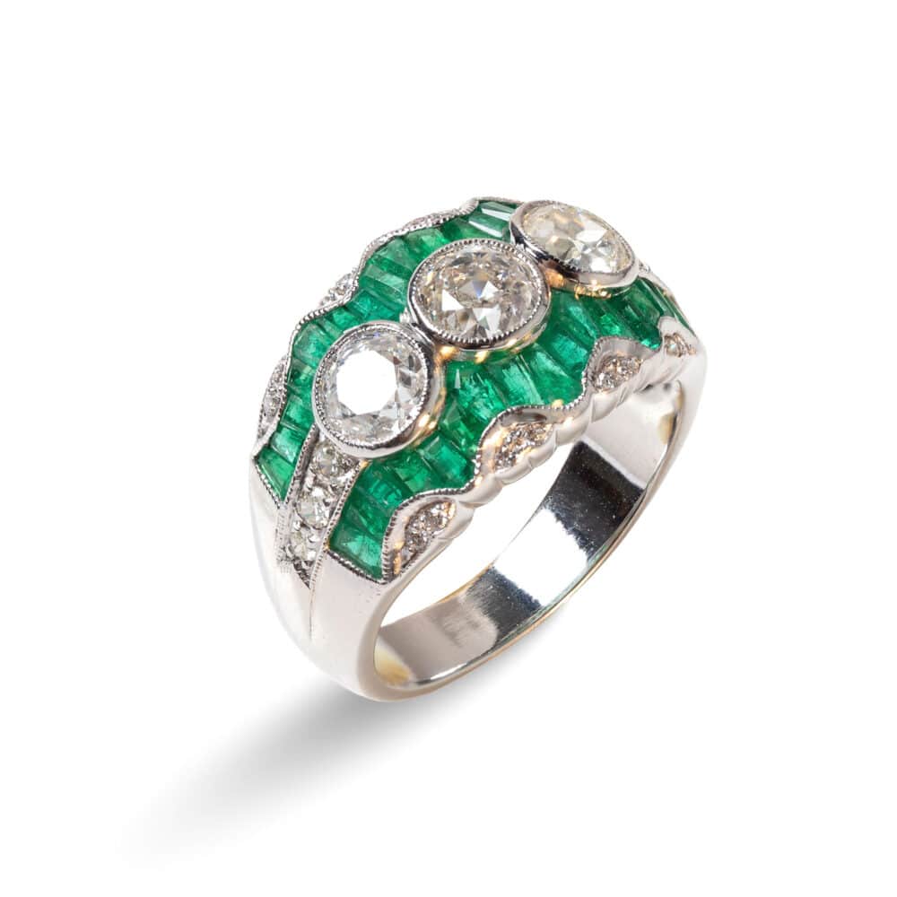 Old mine cut diamonds & White diamonds & Emerald Bagguette 18k palladium ring