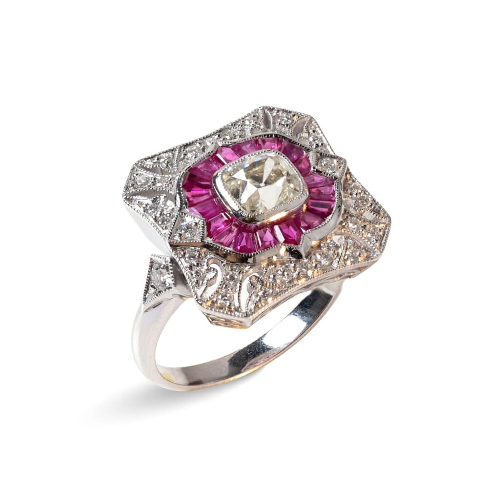 Old mine cut diamonds & White diamonds & Ruby Bagguette 18k palladium ring