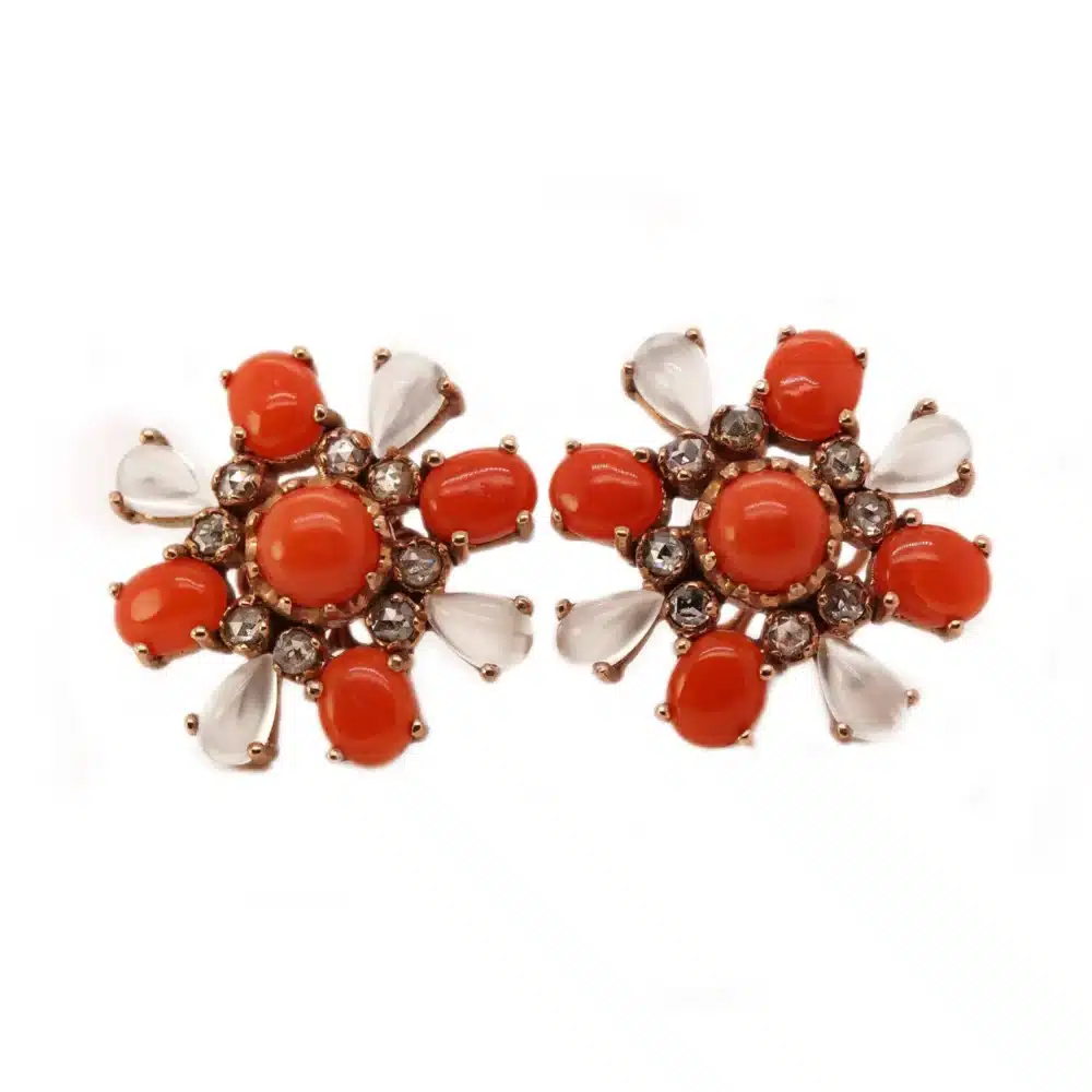 Moon coral & rose cut flower 14k rose gold earrings